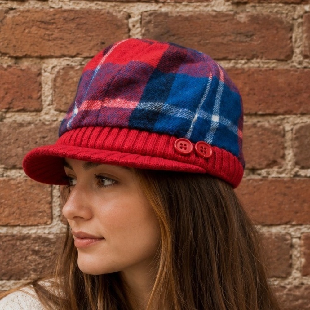 Vintage‎ Plaid Newsboy Cap Red Blue Fall Retro Preppy Indie 90s Funky Eclectic